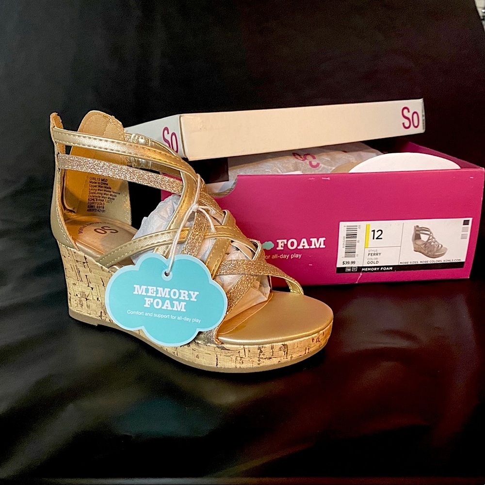 Girls Gold Glitter Wedge Sandal